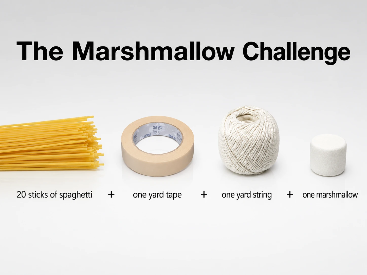Marshmallow Challenge team building activity with spaghetti tower materials